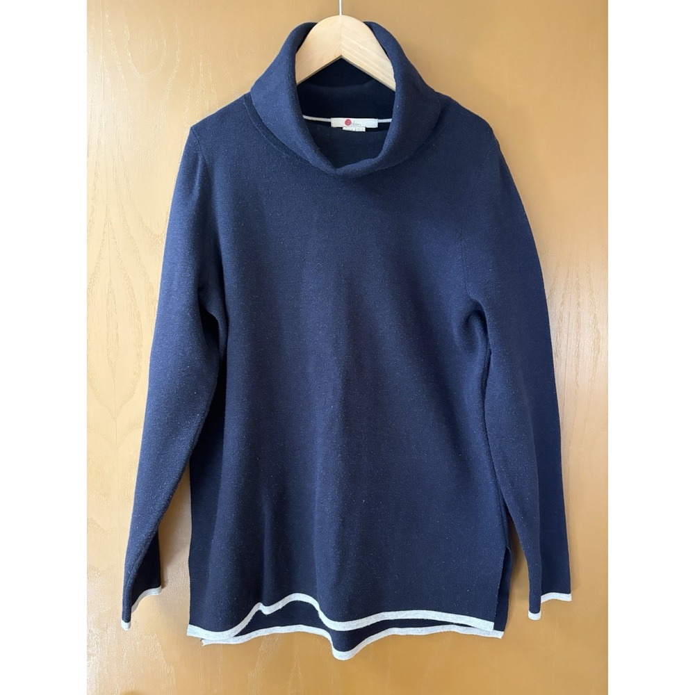 Boden Navy Blue Cowl Neck Tunic Sweater Grey Trim US 10 UK 14